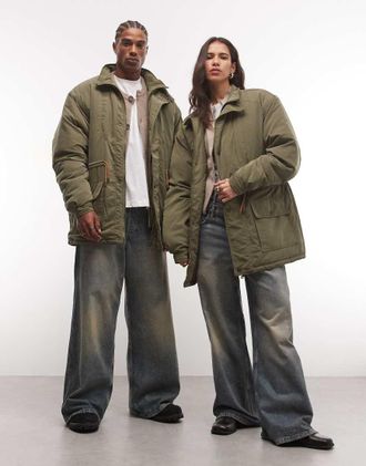 Reclaimed Vintage Giacca unisex verde con fermacorda in vita a contrasto