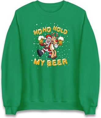 Generic Ho Ho Hold My Beer Christmas Sweatshirt,Santa Claus With Reindeer Beer Party Christmas Jumper