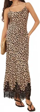 Never Fully Dressed Satin Cowl Neck Lace Trim Hem Maxi Dress In Leopard
