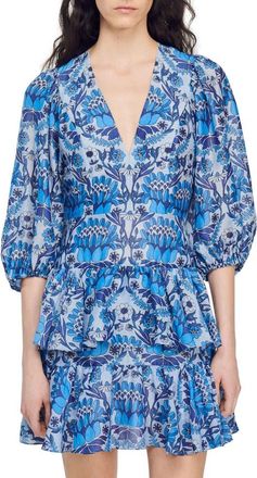 Sandro Eyana Tiered Linen Blend Dress in Bleu at Nordstrom Rack, Size 0 (Fits Like 0 Us) / 34 Eu