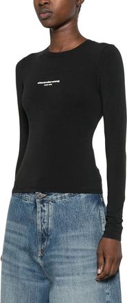 Alexander Wang Tops, Dames, Zwart, XS, Logo Print Fitted Long Sleeve Tee