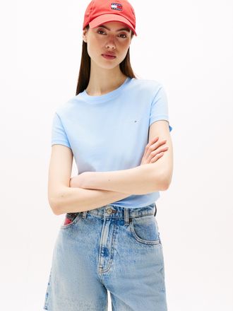 Tommy Jeans Kurzarmshirt TOMMY JEANS TJW SLIM LINEAR SS TEE EXT, Damen, Gr. XXL (44), blau (light powdery blau), Jersey, Obermaterial: 100% Baumwolle, unifarben, 