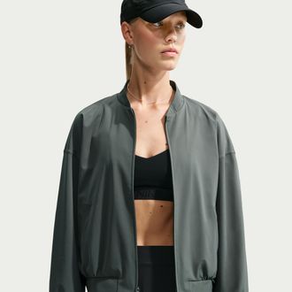 Nike Womens 24.7 PerfectStretch Dri-FIT UV Protection Oversized Bomber Jacket in Green | IO2405-303
