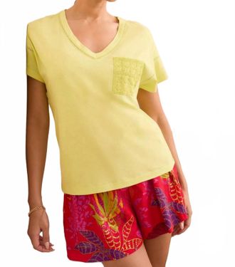 Tribal Short Sleeve Frill V-Neck Top With Ladder Tape In Pale Lime