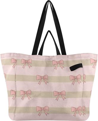 Generic Bow Stripe Pink print Reusable Canvas Tote Bag, Heavy Duty Grocery Shopping Bag with Hard Bottom Large Capacity Double Handles Work Groceries Travel