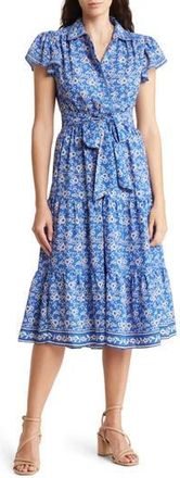 Max Studio Floral Tie Front Shirtdress in Ble/Blk Stncl Mums at Nordstrom Rack, Size X-Large