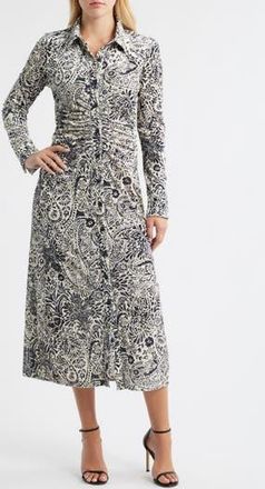 Julia Jordan Print Long Sleeve Velvet Midi Shirtdress in Ivory Black at Nordstrom Rack, Size 16