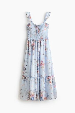 H&M Frill-trimmed Smocked-bodice Dress in Light Blue/floral at Nordstrom, Size Xx-Large