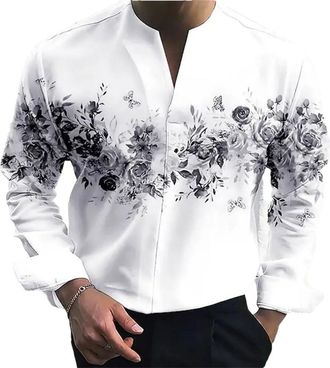 Generic Men Floral Printing Shirt Collarless V Neck Shirts Long Sleeve Loose Casual Shirts White XXXL