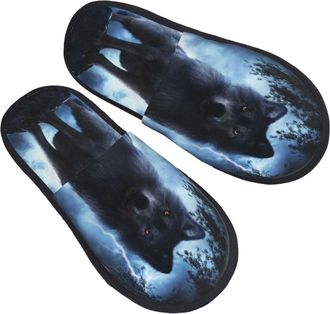 Generic Cotton Slipper Night Scene Of Wolves Print Plush Hotel Slippers Breathable Non-Slip Winter Slippers Indoor Travel L