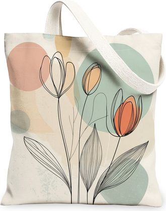 Generic Spring Aesthetic Tulip Canvas Tote Bag for Shopping 13x15, Fun Mid Century Floral Reusable Grocery Print Pattern Bag for Women, Abstract Flower Beach 