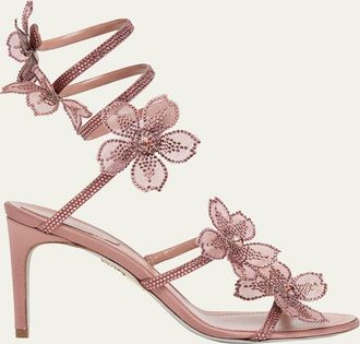 Rene Caovilla 80mm Floraine Crystal Flower Satin Snake Wrap Sandals
