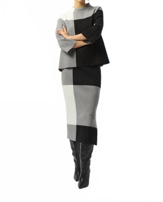 Joseph Ribkoff Jacquard Sweater Color Block Skirt In Black/white