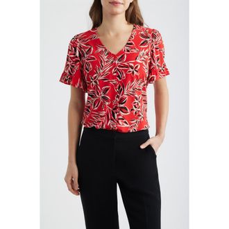 Anne Klein Ruffle Accent Short Sleeve Button-Up Shirt in Begonia Red Multi at Nordstrom, Size Small P