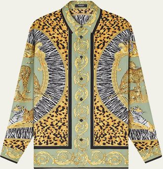 Versace Mens Wild Cats Silk Button-Down Shirt