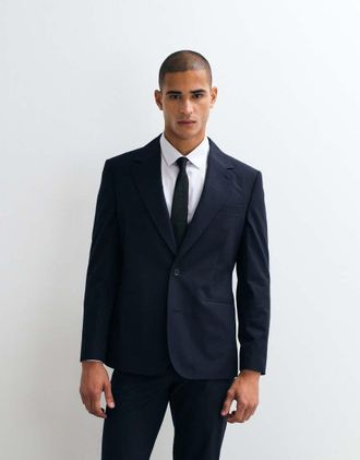 Asos Giacca da abito slim in jacquard blu navy con motivo a spina di pesce