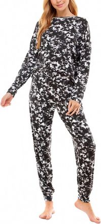 Roudelain Womens Printed Crew Neck And Jogger Pajama Set In White/ Black