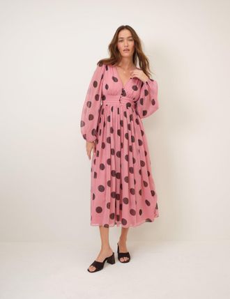 Nobody's Child Pink Polka Dot Balloon Sleeve Anya Midi Dress