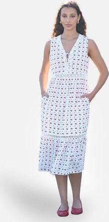 Yumi Cherry Print Lace Trim Cotton Midi Dress in White at Nordstrom, Size 12