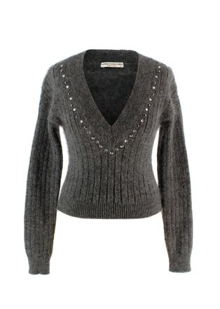 Alessandra Rich Grey Stud Mohair Blend V-Neck Sweater