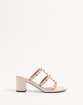 Valentino Garavani Rockstud Slide Sandal In Calfskin With Cabochon Stones 60Mm Woman IVORY/CORAL 35.5