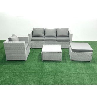 Fimous 5 Seater Rattan Garden Furniture Set with 3 Seater Sofa Chair Square Coffee Table Big Footstool Light Grey Mixed - Fimous