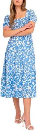 August Sky Floral Puff Sleeve Smocked Midi Dress in Blue Multi at Nordstrom Rack, Size Small