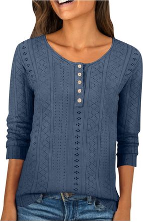 Generic 2026 Spring Tops for Women UK Casual 3/4 Sleeve Crewneck Shirts Trendy Button Up Eyelet Henley Shirt Dressy Comfy Loose Fit Blouse Ladies Elegant Ligh