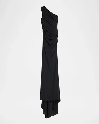 Alex Perry One-Shoulder Tucked Power Mesh Trumpet Gown