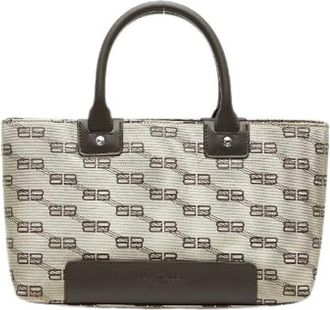 Balenciaga Pre-owned Tote Bags, female, Beige, Size: ONE SIZE Pre-owned BB Logo Canvas Leather Tote Bag
