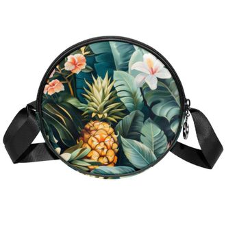 Generic Circle Crossbody Bag for Women, Tropical Plants Small Sling Bag Daypack with Zipper Adjustable Shoulder Straps Casual Ladies Girls Round Purse