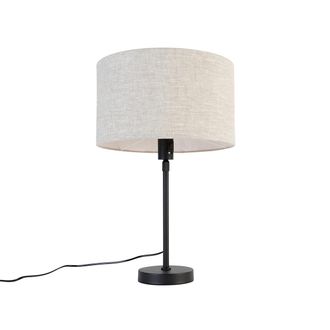 QAZQA Dise&ntilde;o L&aacute;mpara De Mesa Negra Regulable Con Pantalla Gris Claro 35 Cm - Parte Acero /textil Redonda Adecuado Para Led Max. 1 X 60 Watt - Qazqa