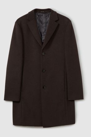 Reiss Chocolate Brown Wool Blend Single Breasted Epsom Overcoat, XL