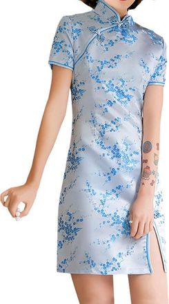 Generic Cheongsam Costume Short Sleeve Side Slit Floral Print Mandarin Collar Vintage Chinese Evening Mini Bodycon Cocktail Outfit, 145-8-sky Blue, M
