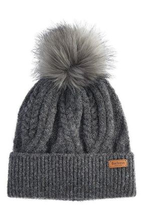 Barbour Elsdon Faux Fur Pompom Cable Stitch Beanie in Grey at Nordstrom