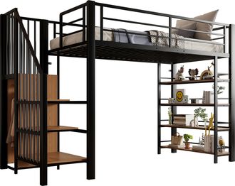 STILVORA Cama Alta Individual Con Escalera De Almacenaje, Armario Y Estantes, 90 X 200 Cm, Sin Colch&oacute;n, Negro