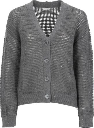 PESERICO Truien & Vesten, Dames, Grijs, XS, Pailletten, Openwork Cardigan met pailletten