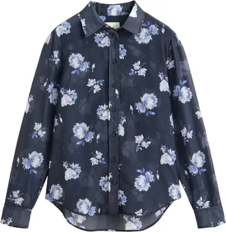 GANT Reg Floral Print LS Shirt - Dames - Blouses - Blauw - M - Katoen - Overhemden
