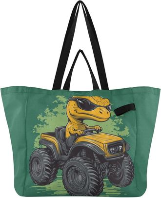 Generic Orange Tractor Dinosaur pattern Reusable Canvas Tote Bag, Heavy Duty Grocery Shopping Bag with Double Handles Hard Bottom Large Capacity Work Grocerie