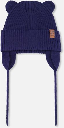 Deux par Deux Gender Inclusive Logo Patch Ribbed Knit Hat in Navy Blue at Nordstrom, Size 18-24 M