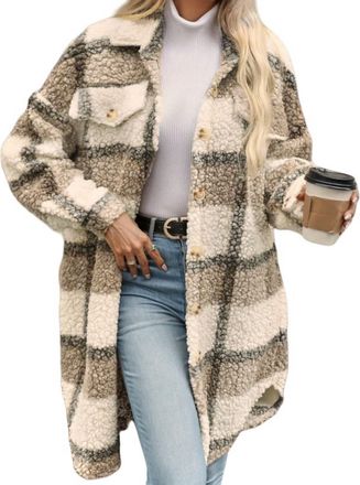 Generic Plaid Fuzzy Lapel Collar Jacket Women, Womens Long Plaid Jacket Long Sleeve Lapel Button Long Fleece Jackets with Pockets (Milk tea,L)