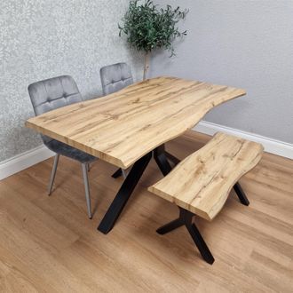 Kosy Koala Wooden Dining Table X-Shaped Legs with 2 Grey Velvet Chairs & Bench - Dining Kitchen Room Furniture in Brown