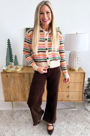 Pinch Design Collared Button Up Stripe Long Sleeve Sweater In Oatmeal Multi