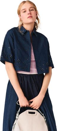 Maje Embroidered cropped denim shirt in Navy at Nordstrom, Size X-Small