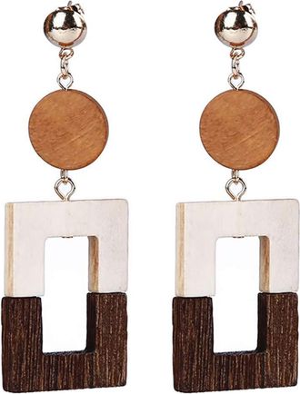 Generic Vintage Wooden Hanging Earrings Women Geometric Round Hanging Dangle Earrings Square Durable Service Convenient Handled