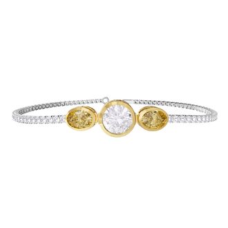 Diamond2Deal 14k Two-tone Gold 4 Ct Round & Oval Cut White & Yellow Lab Grown Diamond Bangle Bracelet 7 VVS-VS, E-F