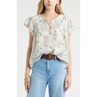Treasure & Bond Floral Cotton Pintuck Flutter Sleeve Top in Ivory- Blue Scarf Floral at Nordstrom, Size Xx-Small