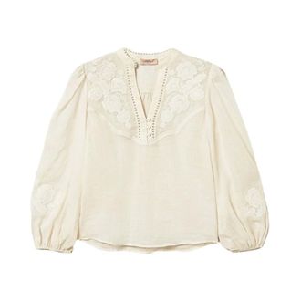 Twinset Blouses, female, White, Size: S Floral Embroidered V-neck Blouse
