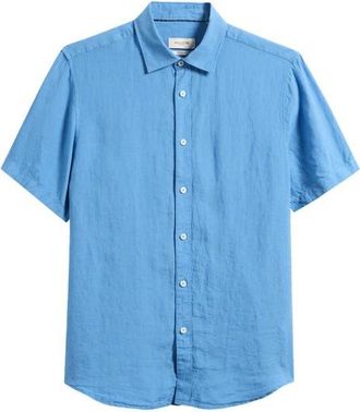 Bugatchi Orson Shaped Fit Short Sleeve Linen Button-Up Shirt in Classic Blue at Nordstrom, Size Xxx-Large