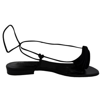Magda Butrym Floral Applique Flat Sandals in Black Leather